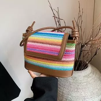 Yogodlns Женская ротанговая вязаная пляжная сумка большой вместимости, соломенная сумка на плечо, радужная сумка-слинг, дорожная сумка для отпуска 23x8.5x17cm хаки