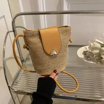 Yogodlns Женская соломенная плетеная модная простая сумка для мелочи и телефона для отпуска на пляже через плечо 13.5x11x17.5cm чёрный/белый