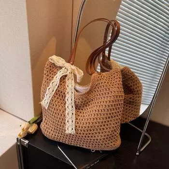 Yogodlns Женская соломенная плетеная сумка через плечо, однотонная летняя плетеная сумка через плечо для женщин, дорожные сумки ручной работы, сумки под мышками 40x2x32cm бежевый