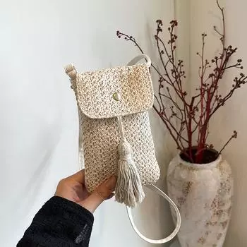 Yogodlns Женская соломенная пляжная сумка для отдыха на плечо для мобильного телефона Летняя мини-сумка через плечо с кисточками для путешествий в стиле бохо 11x1x18cm бежевый