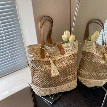 Yogodlns Женская стильная вязаная сумка через плечо с выемкой из тесьмы, ручная плетеная сумка-тоут, женская дорожная сумка для поездок на работу 34x8x30cm бежевый