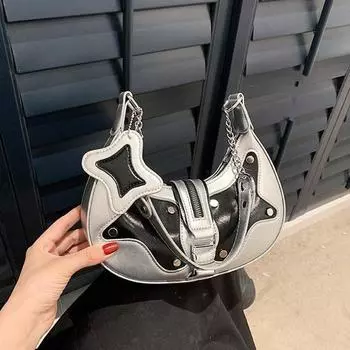 Yogodlns Женская сумка через плечо Y2K с застежкой-молнией и верхней ручкой, ретро-сумка из искусственной кожи с заклепками, модная контрастная сумка через плечо