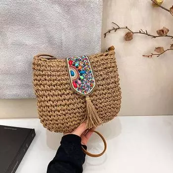 Yogodlns Женская сумка соломенная сумка с драгоценными камнями и кисточками, легкая тканая сумка через плечо большой емкости для пляжа, летняя сумка на плечо 23x3x23cm бежевый