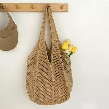 Yogodlns Женская сумка-тоут крючком Модная полая вязаная сумка Большая вместительная сумка Женская летняя пляжная однотонная тканая сумка на плечо 53x2x31cm бежевый