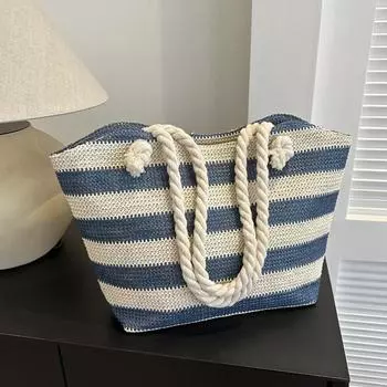 Yogodlns женская тканая пляжная сумка большой емкости полосатые сумки на молнии ретро соломенная сумка на плечо женская летняя повседневная сумка 27.5x10x27.5cm хаки