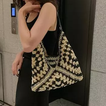 Yogodlns Женская тканая соломенная сумка через плечо среднего размера с ручкой для пляжного отдыха 34x1x35cm чёрный