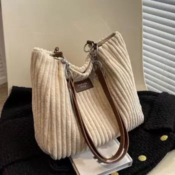 Yogodlns Женская вельветовая сумка на плечо, однотонная сумка на плечо, большая вместимость, простой многофункциональный дизайн, повседневные сумки-тоуты 32x12x26cm чёрный