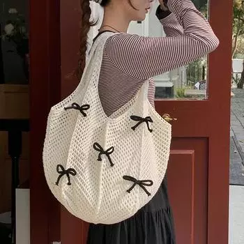 Yogodlns Женская вязаная крючком сумка-конфетница, модная вязаная большая вместительная тканая сумка через плечо, однотонная простая сумка для покупок на лето, пляж 53x2x31cm бежевый