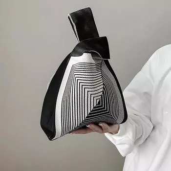 Yogodlns Женская вязаная сумка ручной работы Маленькая сумка на запястье с узлом Японская повседневная широкая полосатая клетчатая сумка-шоппер Студенческая многоразовая сумка на плечо 20x23cm жёлтый