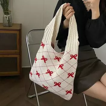 Yogodlns Женская вязаная сумка-тоут большой емкости с бантом и узором Вязаная сумка для покупок Дизайнерская пляжная сумка Сумка на плечо для путешествий Сумка 36x34cm бежевый