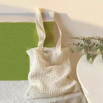 Yogodlns Женская вязаная сумка-тоут Модная вязаная сумка большой вместимости Плетеные сумки через плечо Однотонная простая сумка для покупок для лета, пляжа 34x32cm бежевый