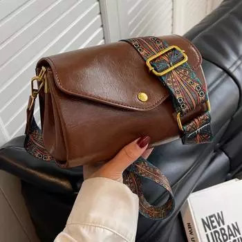 Yogodlns женские однотонные сумки из искусственной кожи, винтажные сумки через плечо с широким ремешком и клапаном 19x11x12cm чёрный