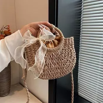 Yogodlns женские сумки через плечо ручной работы повседневная тканая сумка-корзина элегантная женская соломенная сумка летние пляжные сумки на плечо 16x7x19cm бежевый