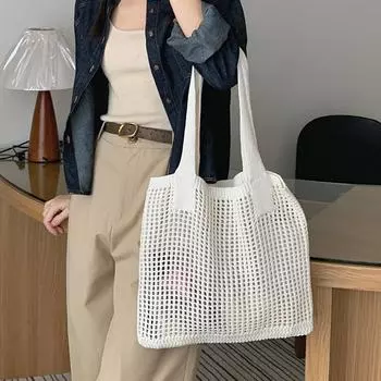 Yogodlns женские вязаные сумки на плечо для девочек Ретро полая тканая большая вместительная сумка-тоут для покупок крючком 35x33cm бежевый