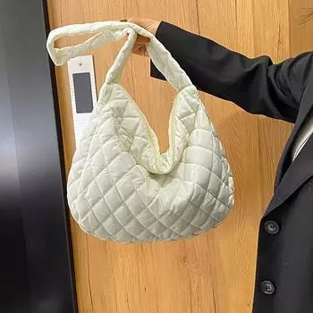 Yogodlns зимняя пуховая сумка через плечо с вышивкой и вышивкой, модная мягкая сумка через плечо с пельменями большой емкости 38x9x34cm белый