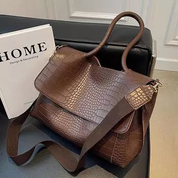 Yogodlns зимняя женская сумка через плечо с узором аллигатора с клапаном из искусственной кожи винтажная сумка через плечо большой вместимости 33x12x25cm кофейный