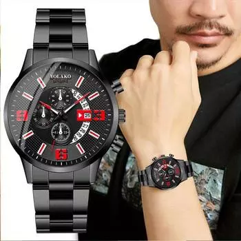 YOLAKO Mens Fashion Calendar Watch Men Business Stainless Steel Mesh Belt Quartz Wrist Watch Male Clock