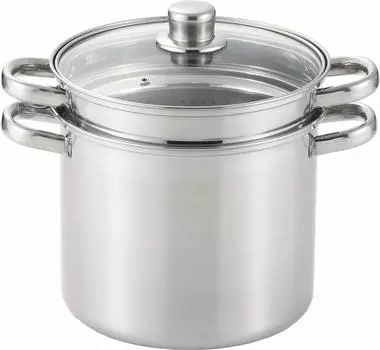 Yoshikawa Pasta with glass hot water stainless compatible with IH and gas Tuscany SJ3120 Pot, Two-handled pot, 22cm, 7.3L, lid, drainer, steel, fires,