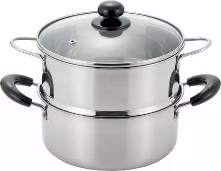 Yoshikawa SJ2967 нержавеющая сталь пароварка совместима с газовой плитой и пароваркой Кастрюля с двумя ручками, двухъярусная пароварка, сталь, 20 см, посуда, IH, серебряный