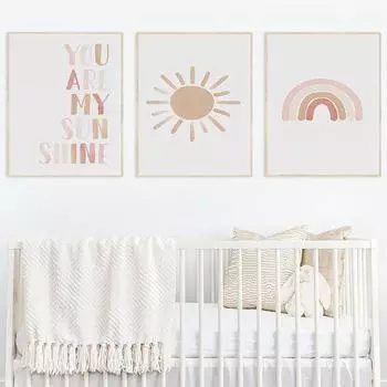 You are my Sunshine Rainbow Nursery Prints Canvas Painting Wall Art Pictures Posters Prints for Kids Baby Room Home Decoration 21x30cm No Framed