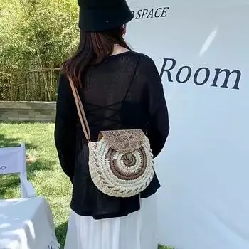 YOUHUAGUO Круглая соломенная сумка, женская тканая пляжная сумка через плечо, женская сумка из ротанга ручной работы на плечо, маленькая сумка в богемном дизайне 25x6x26cm кофейный