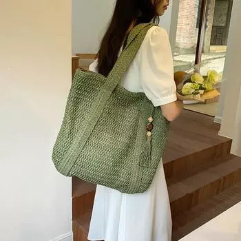 YOUHUAGUO летняя плетеная сумка через плечо женская пляжная сумка женская соломенная вязаная сумка ручной работы большой емкости кошелек дорожная сумка-шоппер с кисточками 36x2x40cm бежевый