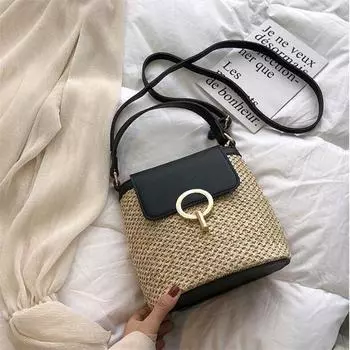 YOUHUAGUO Повседневные цепочки Соломенные сумки-ведра Женская летняя сумка-мессенджер Сумки из ротанга Пляжные женские дорожные кошельки и сумки Сумка через плечо 20x12x21cm чёрный