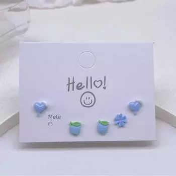 Young Adult Heart Small High-Looking Glue Stick Earrings Plastic Needle Blue Peach 3 pairs