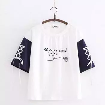 Young Adult Junior High School Preppy Style Loose Top T-shirt with Short Sleeves White Strap Cat All yards
