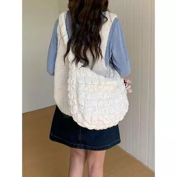 Young Adult Ruched Lightweight Bubble Work Clothing Crossbody Bag White extended shoulder strap for crossbody