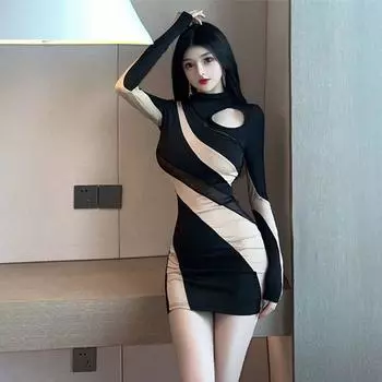 Young Adult Stand-Collar Hollow-out Slim Fit Stretch Long Sleeve Dress Color matching S