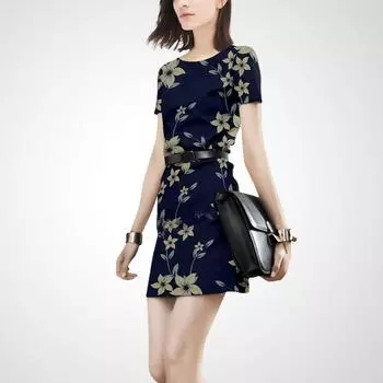 Young Chic Stylish Dress Women s Mid Length Long Length 2025 Summer New Arrival Silm Print One-Step Skirt Yellow flower + navy blue (with belt) S