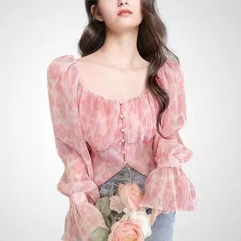 Young Lady Style Petal Sleeve Micro Pleated Chiffon Shirt Pink 2XL