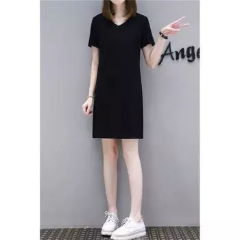 Young-Looking V-neck Cotton New Slim-Fit One-Step Dress Black 5XL
