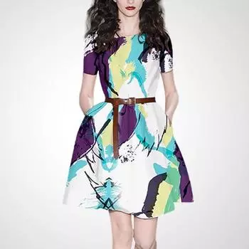 Younger Niche Style Summer Socialite Temperament Waist-Controlled Dress Purple + Green + White XL