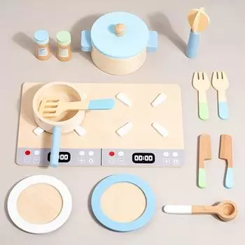 Youngsters Wooden Play Kitchen Set with Plates Utensils Realistic Cooking Toy, Perfect Christmas Gift for Boys Girls Kitchenware