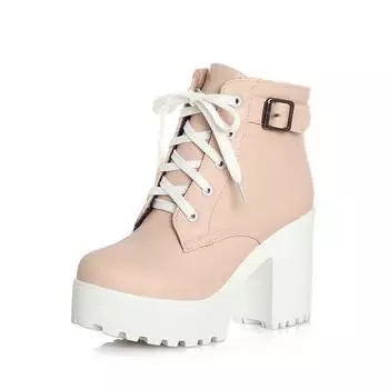 Your bestfashion Vintage Buckle Thick Heel Short Boots Square Heel Women Platform Ankle Boots Fashion Pu Lace Up Short Boots Big Size 896 34 бежевый