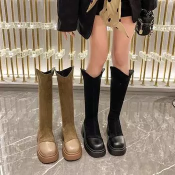 Your bestfashion Women Knee High Knight Boots Autumn Winter New Fashion Chunky Heeled Thin Boots Women Platform PU Leather Elastic Long Botas 35 чёрный