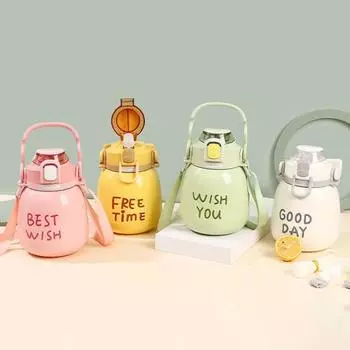 Yousheng 1000 мл изолированная чашка с ручкой портативная из нержавеющей стали для детей и взрослых зимняя мультяшная герметичная соломенная термос для повседневной жизни 1000ML розовый