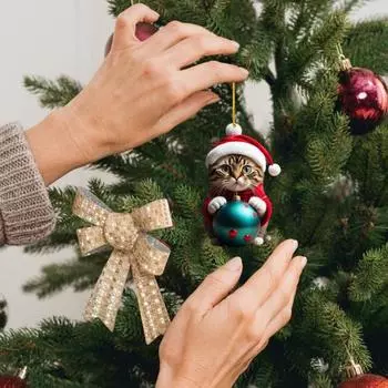 Yousheng 10 шт. рождественские украшения мультяшный кот в шапке Санты акриловые подвески 2D плоские подвесные украшения для зеркала заднего вида автомобиля дерево окно 10 pcs