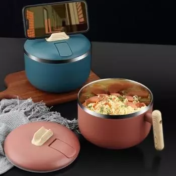 Yousheng 1200 мл Миска для лапши с ручкой крышки Пищевая нержавеющая сталь 316 Детская мультипликационная двухслойная изолированная миска для супа Ежедневное использование синий