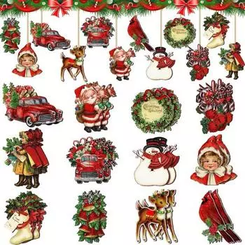 Yousheng 12/24 шт. рождественские украшения деревянные елочные подвесные украшения праздничный чулок автомобиль Санта олень подвеска для домашних вечеринок принадлежности 24PCS