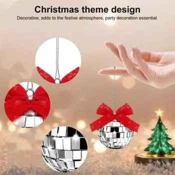 Yousheng 12 Pcs Christmas Silver Disco Ball Reflective Mirror Ball with Bow Christmas Tree Hanging Decorations for Home Party Christmas Decor 12pcs