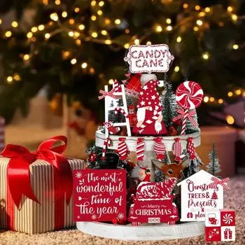 Yousheng 17 шт. рождественские многоярусные подносы с украшениями деревянные конфетные трости гном грузовик знаки для праздничного домашнего стола полка декор Sets