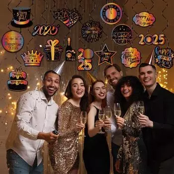 Yousheng 17Pcs 2025 New Year Hanging Swirls Indoor Paper Hanging Ceiling Spirals Decoration for Homes Shops Offices Decor 1 Set