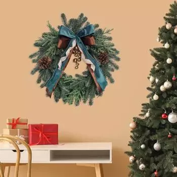 Yousheng 18 Inch Christmas Wreath Artificial Pinecones with Bells Bow Indoor Outdoor Realistic Pine Needle Wreath for Wall Window Door Decor зелёный
