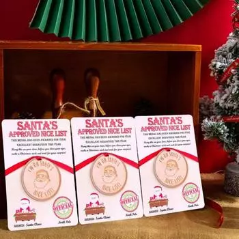 Yousheng 1/2/3Pcs Santa Wooden Badge for Christmas Eve Boxes Handcrafted Wood Commemorative Medal with Message Card Santa Claus Souvenir Xmas Gift 1pc