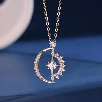 Yousheng 1/2 шт. Женское ожерелье с полым вращающимся подвеской в виде солнца и луны, ожерелье из полированного сплава с кубическим цирконием, украшение на шею, подарок на день рождения Rose Gold 9