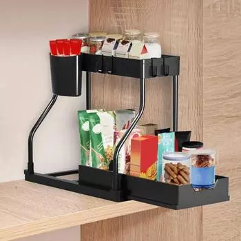 Yousheng 1/2Pcs Стеллаж для хранения вещей Выдвижной органайзер для шкафа Большая вместимость L-образный дизайн Простая установка Органайзер для ванной комнаты и кухни 1pc чёрный