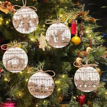 Yousheng 1/5 шт. ноты рождественское украшение двухслойные ноты рождественская история рождественская елка подвесное украшение деревянный круглый знак кулон Sets